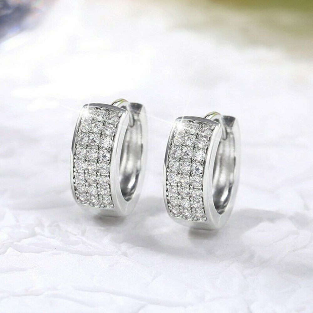 Women's 925 Silver Luxury Diamond Zircon Hoop Huggie Earrings 13x6mm Gift